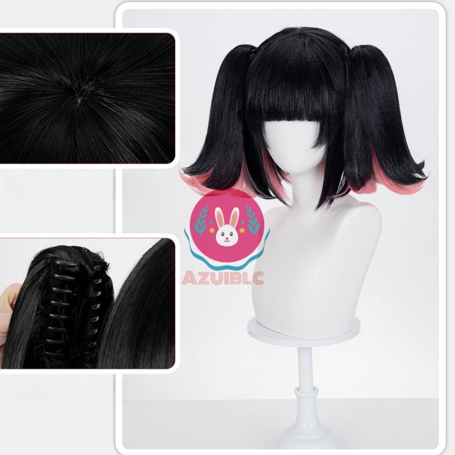 【Azuiblc】ゼンゼロ 南宮羽 なんぐうゆう コスプレ ウィッグ 黒髪 ツインテール ピンク色 ハイライト ネット付き 耐熱 かつら 鬘 コスプレ道具 小物