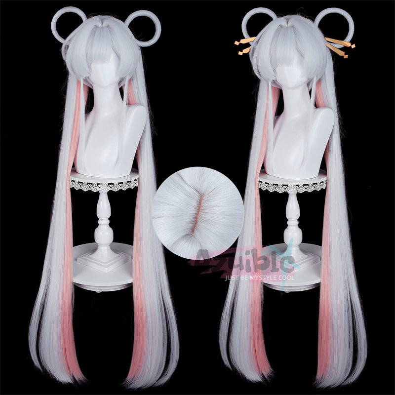 Azuiblc 超かぐや姫！ 月見ヤチヨ ウィッグ 120cm 白色ピンク 耐熱フル