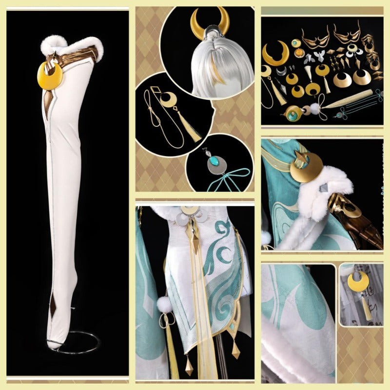 【Azuiblc】原神 兹白 しはく コスプレ衣装 髪飾り付き 3dプリント飾り 白駒座 白馬の仙人 コスプレ コスチュームセット - Azuiblc