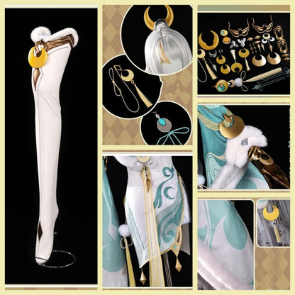 【Azuiblc】原神 兹白 しはく コスプレ衣装 髪飾り付き 3dプリント飾り 白駒座 白馬の仙人 コスプレ コスチュームセット - Azuiblc