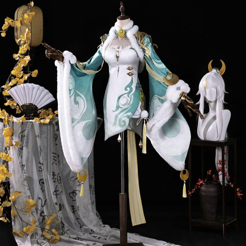 【Azuiblc】原神 兹白 しはく コスプレ衣装 髪飾り付き 3dプリント飾り 白駒座 白馬の仙人 コスプレ コスチュームセット - Azuiblc