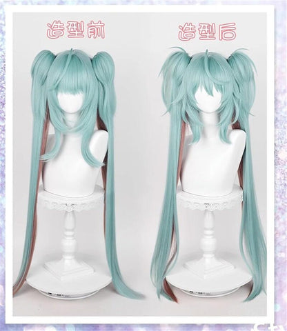 Azuiblc 初音ミク 2025雪ミク SNOW MIKU ウィッグ ネット付き コスプレ 水色 白 グラデーション ツインテール カツラ グッズ アニメ かつら 鬘 WIG コスプレ道具 　Azｗ003 - Azuiblc