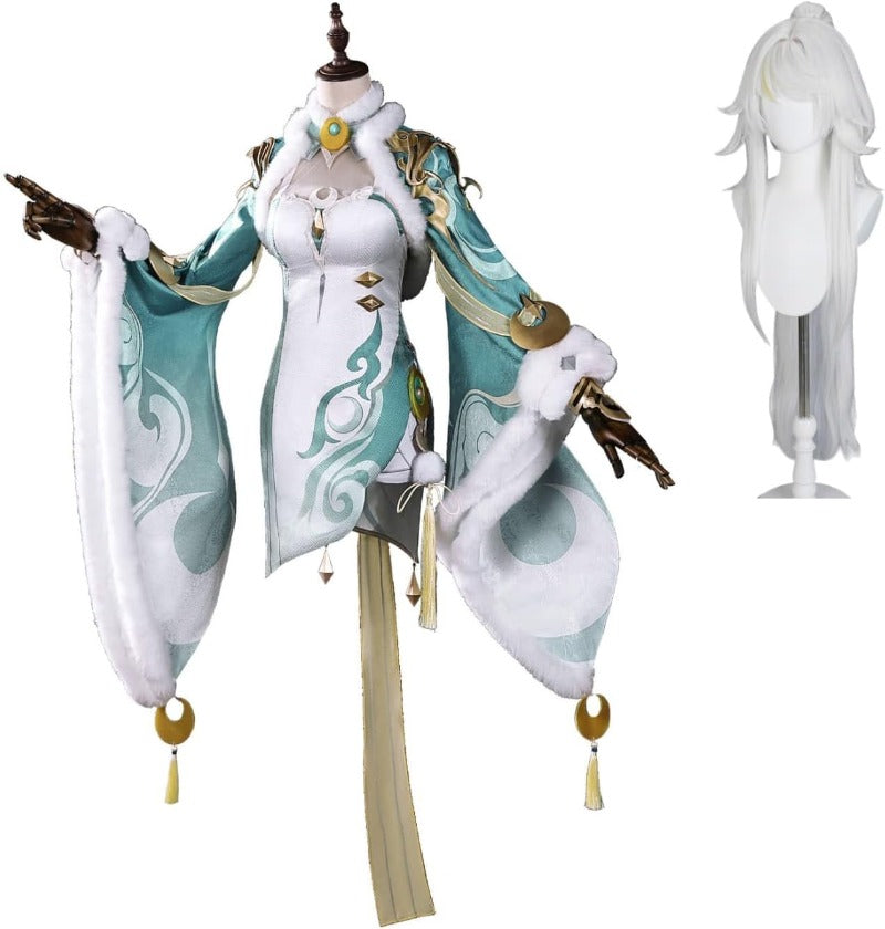 【Azuiblc】原神 兹白 しはく コスプレ衣装 髪飾り付き 3dプリント飾り 白駒座 白馬の仙人 コスプレ コスチュームセット - Azuiblc
