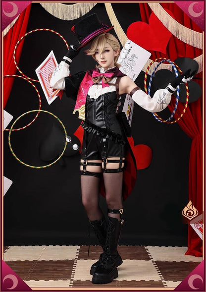 在庫納品　Azuiblc 原神　Lyney 　リネ　コスプレ衣装  フォンテーヌ　コスチュームセット 炎 帽子付　マジシャン　グッズ げんしん 　cosplay 変装 仮装 　 ハロウィン クリスマス イベント - Azuiblc