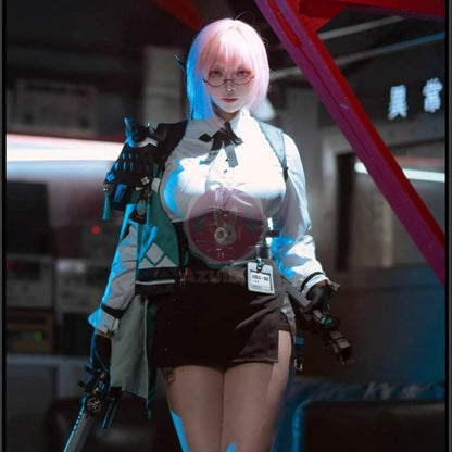 Azuiblc ゼンゼロ  月城柳 コスプレ衣装  イヤホン付き メガネ イヤリング 名札 コスチュームセット OL オフィスレディ ZZZ Azx14 - Azuiblc